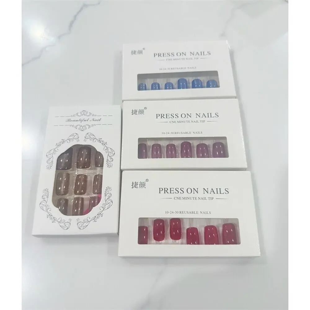 Set of 4 Reusable Press-On Nail Sets w/ Glue Blue Purple Red Glitter cute bundle
